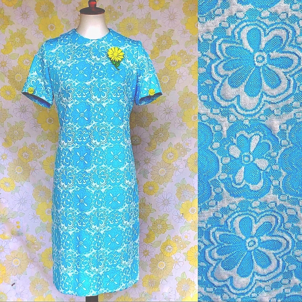 New! True Vintage🌼60s Flower Power Poly Midi Shift Dress